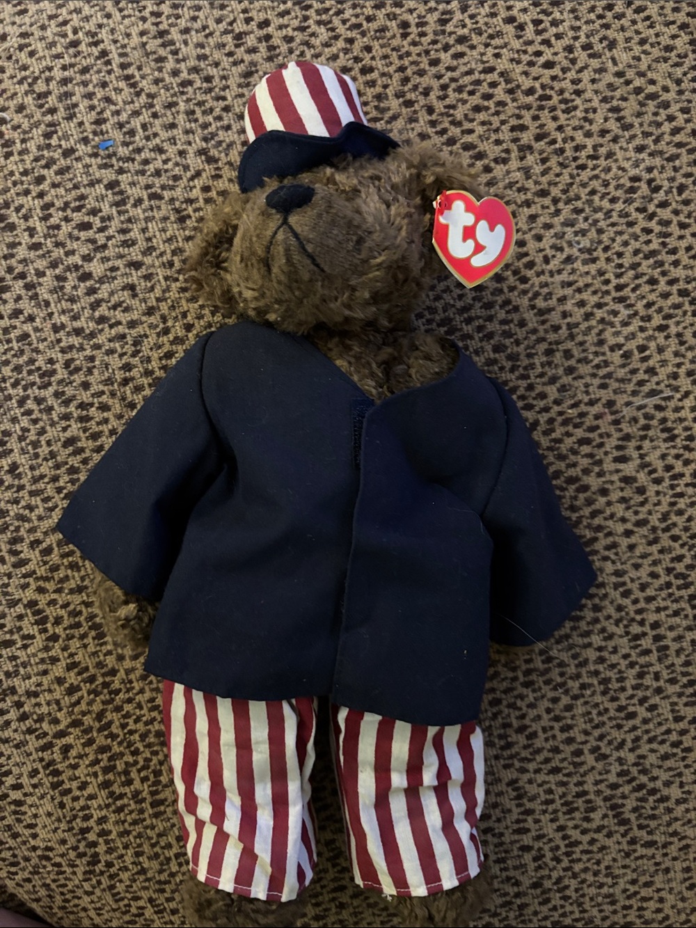Ty Brown Bear in Navy Jacket with Red and White Striped Hat & Pants